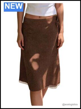 Polka Dots Mesh Y2K Knee Length A-Line Flared Skirt Tie Knot Low Rise